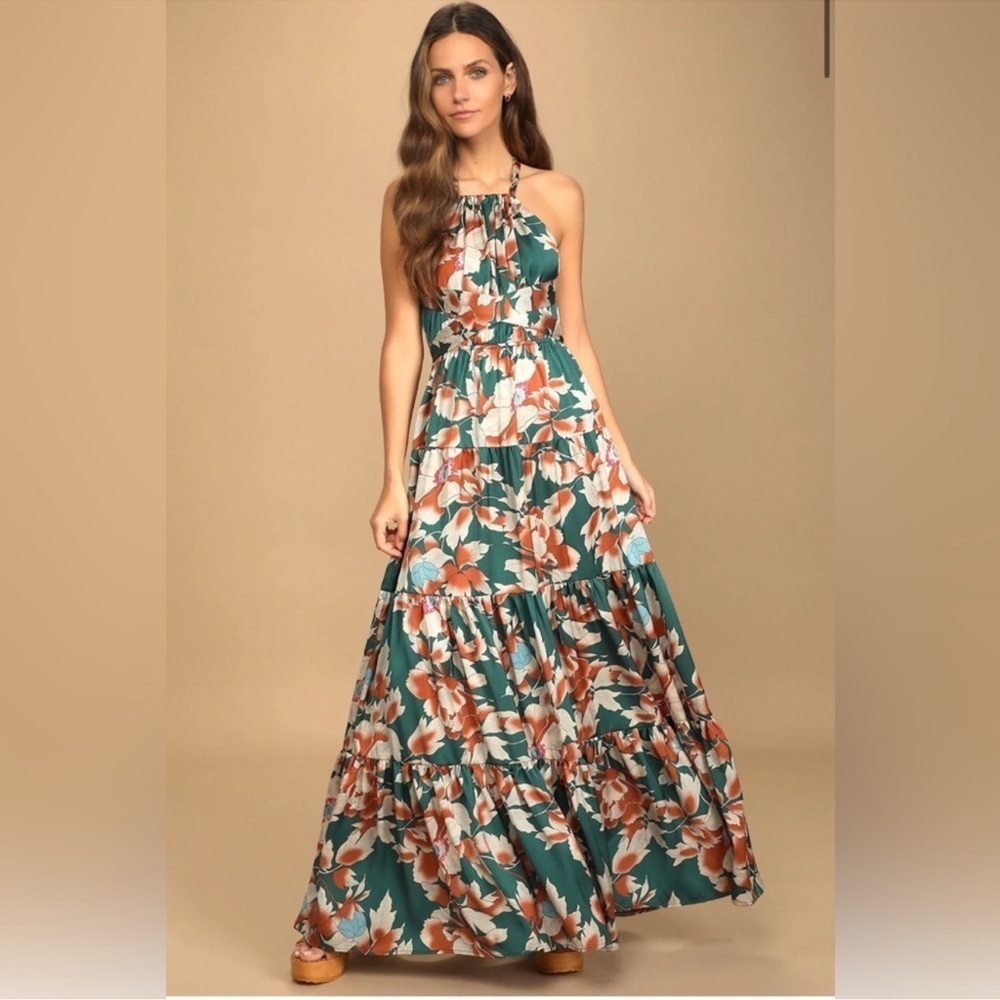NWT Lulus Heat Wave Babe Green Floral Print Tie-Back Tiered Maxi Dress‎ Sz M